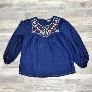 Max Studio Navy Floral Embroidered 3/4 Sleeve Top Size Large F4